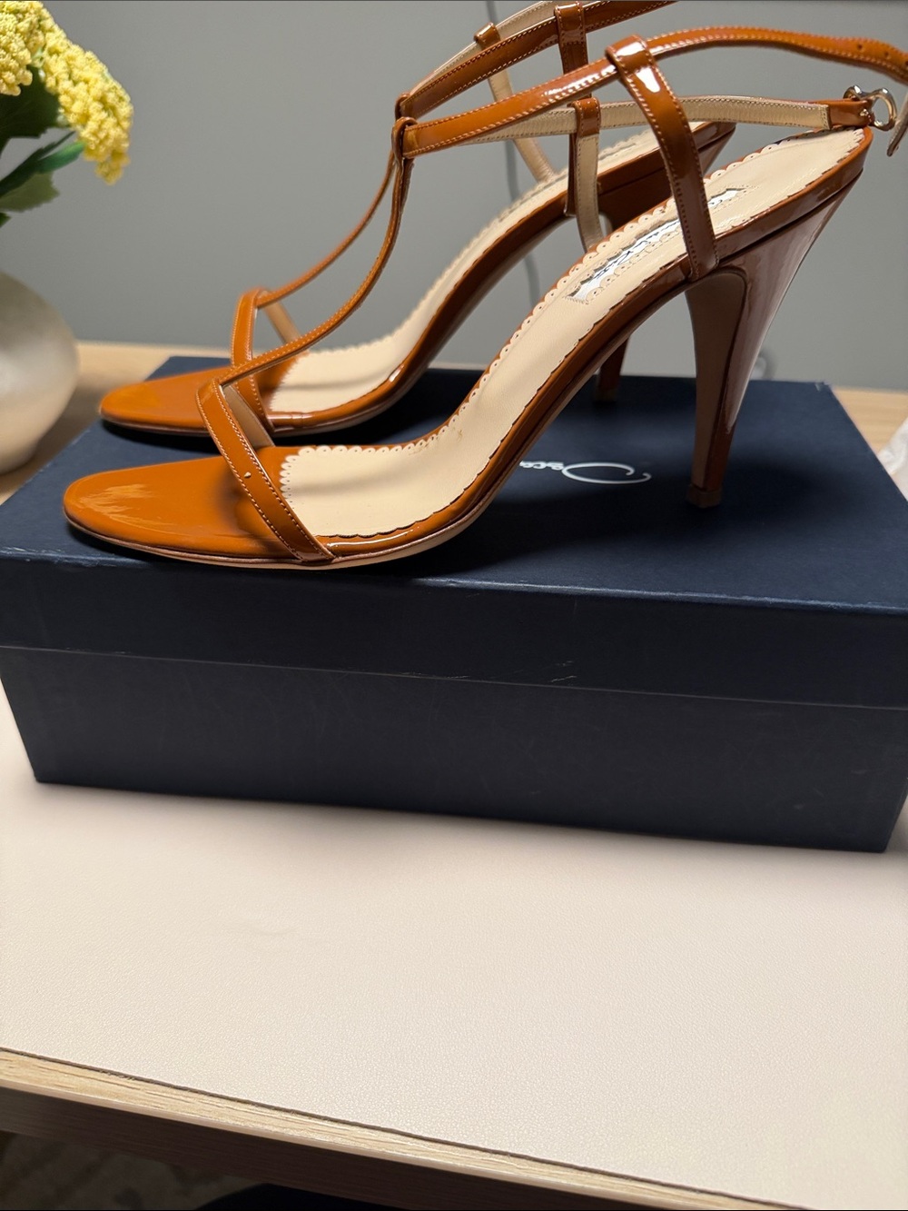 Patent T-Strap Ankle Strap Sandals in Cognac
